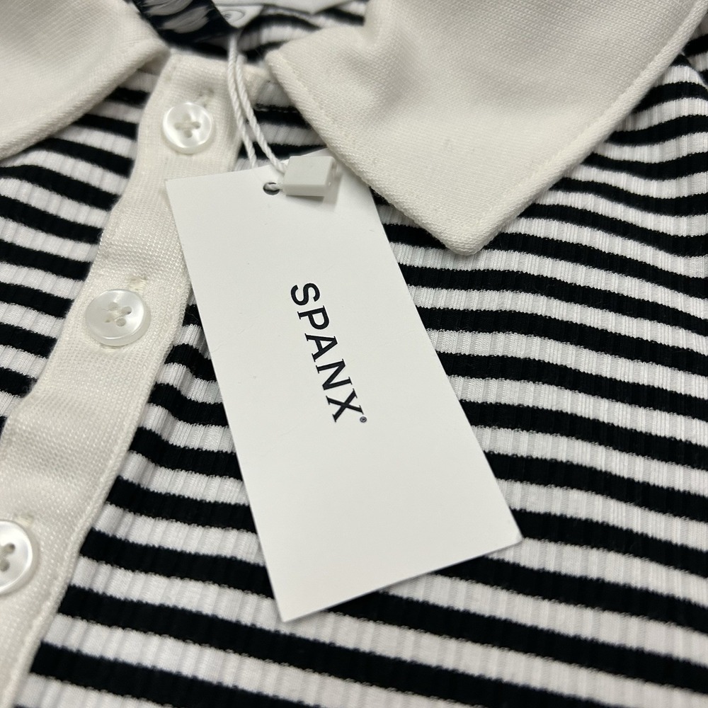 Spanx Rib Polo Top Womens Small Black White Stripe Stretch New with Tags NWT - Picture 6 of 9